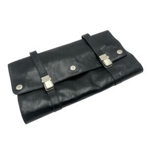 REDENVELOPE Vtg Black Leather Excursion Travel Toiletry Case Bag Trifold